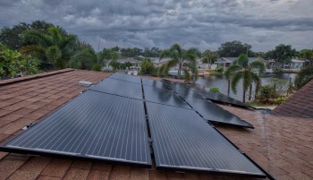 Solar panels installed on a roof with houses and palm trees visible in the background.