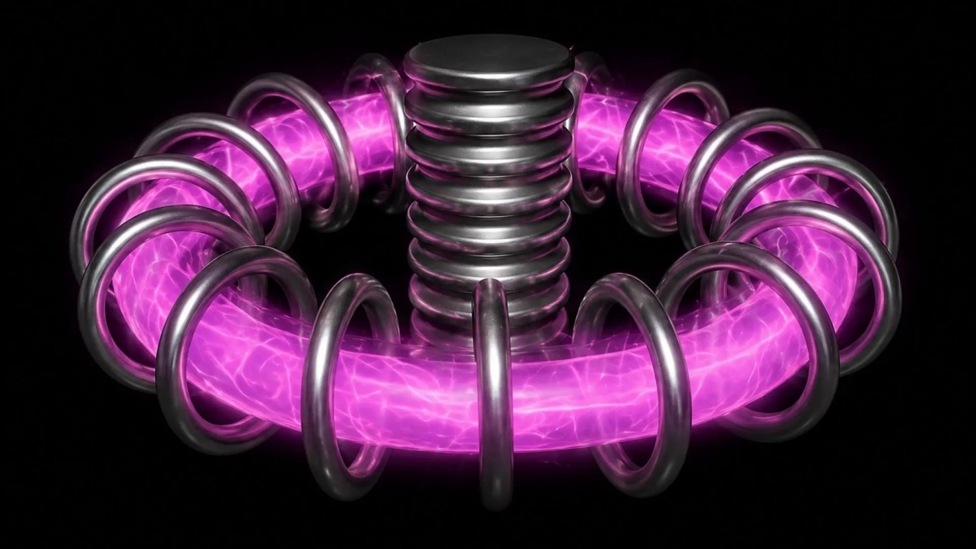 A metallic structure with rings surrounding a glowing purple core.