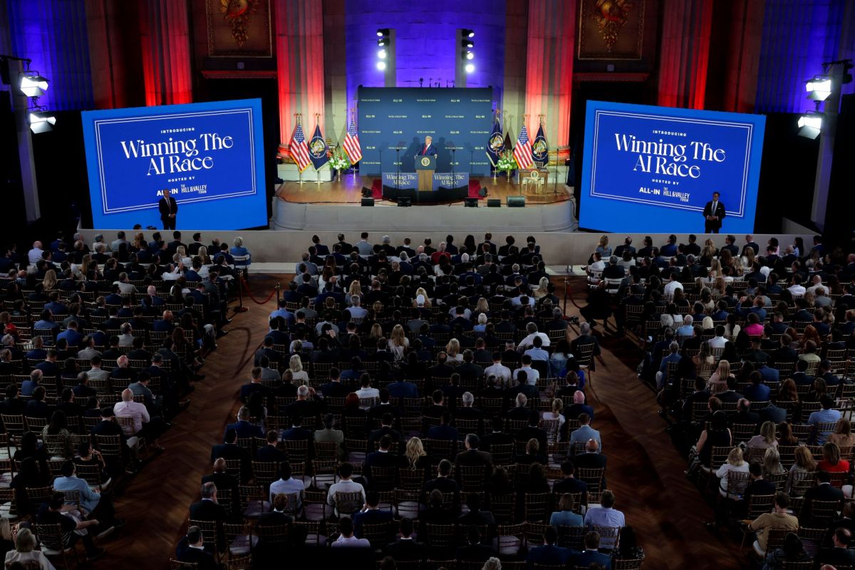 President Donald Trump delivers remarks at an AI summit in Washington DC in July 2025