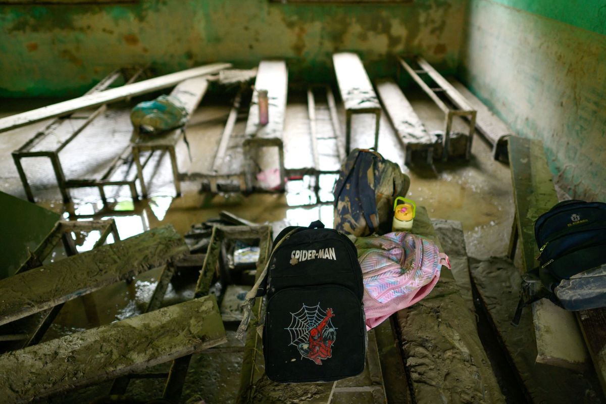 Backpacks left behind at a flooded school in Nepal.