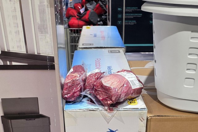 A piece of beef steak left on a box in a grocery store