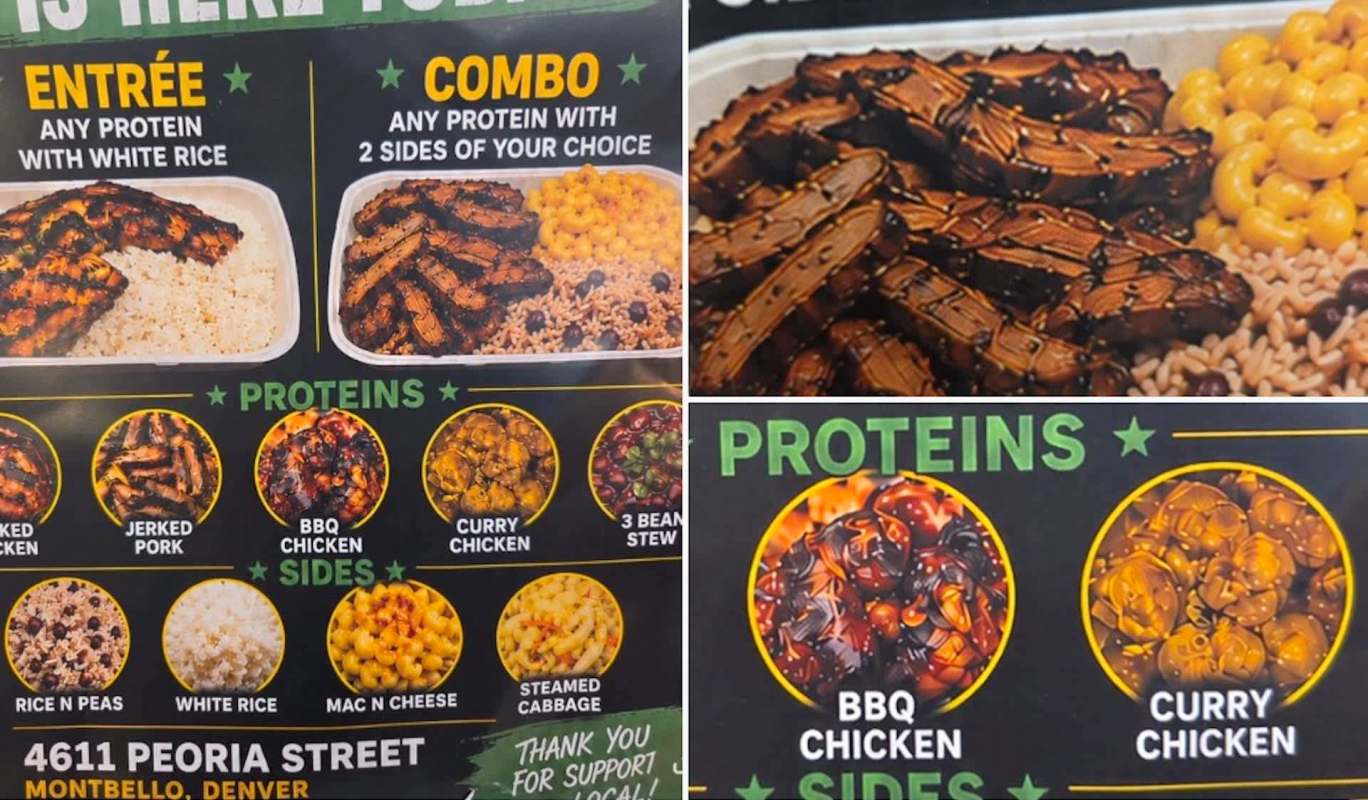A menu displaying various meat options and side dishes at a food establishment.