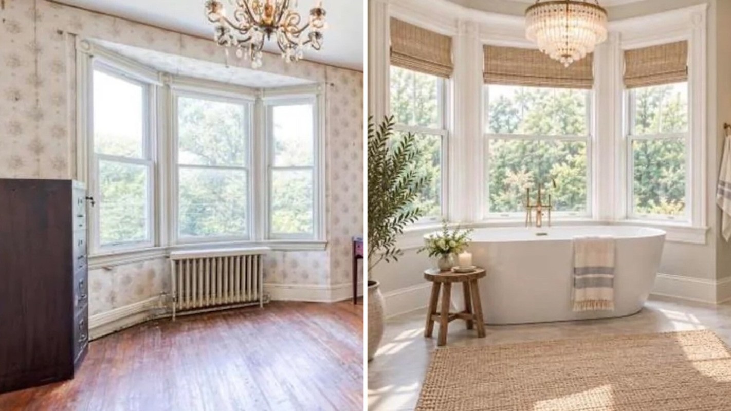 A room transformation showing a sunlit corner with a bathtub, plants, and decorative elements.