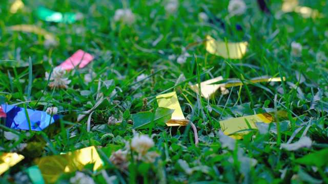 Colorful pieces of reflective material scattered on grass with small white flowers.