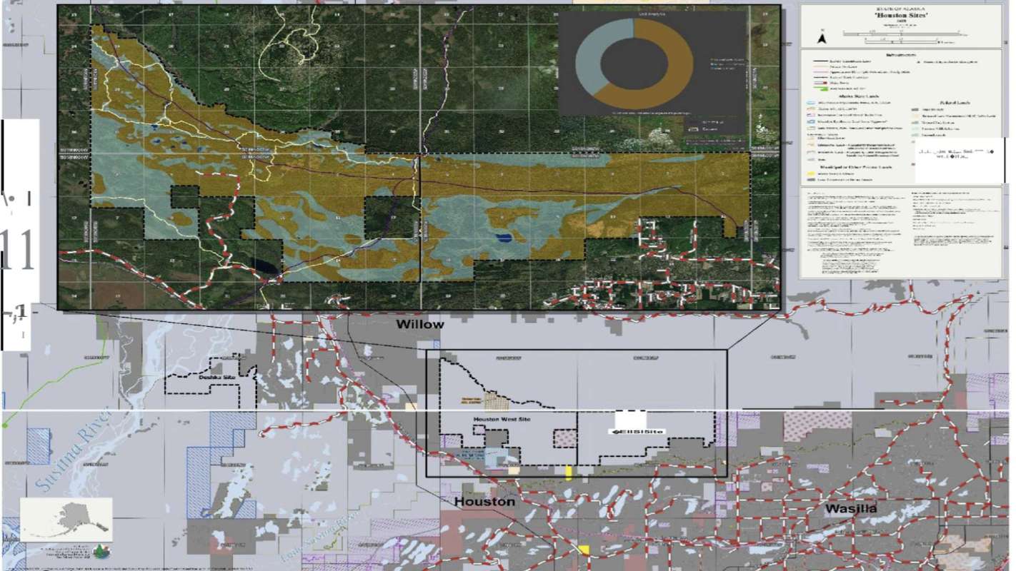 A detailed map of an area in Alaska showing land designations and features like rivers and roads.