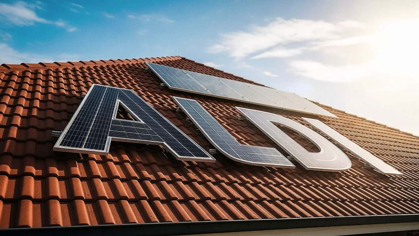 Solar panels spelling "Aldi" on a roof.