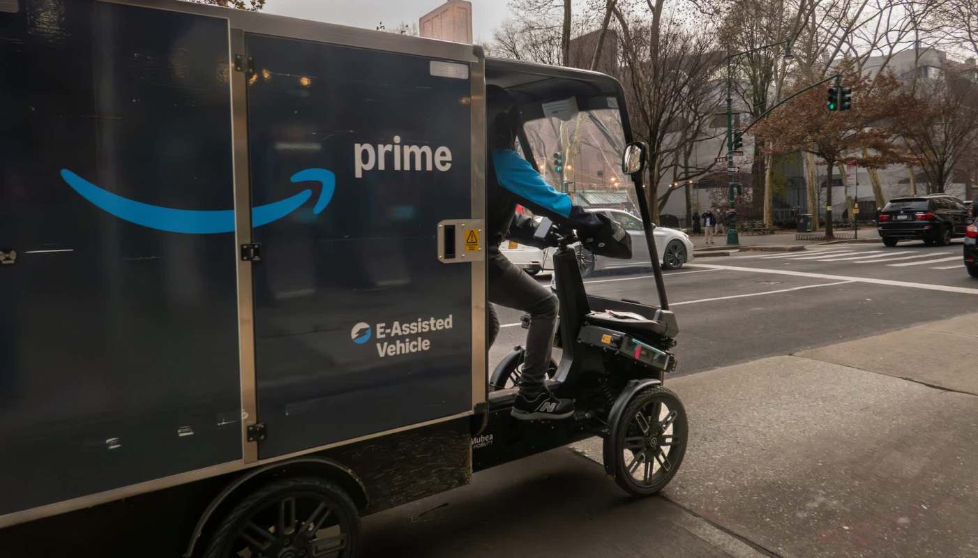 An Amazon Prime delivery cargo bike.