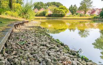 A calm pond surrounded by greenery and houses, with stones visible from low water level.