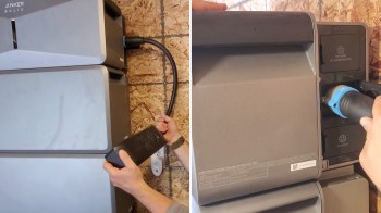 A person connects a power cord to an Anker SOLIX energy storage system on a wall.