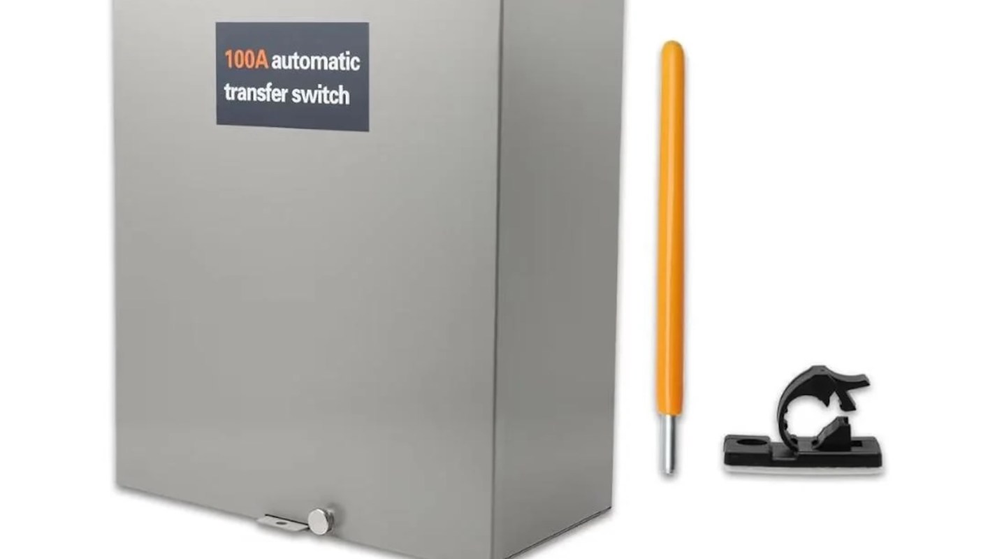 A 100A automatic transfer switch with an orange handle and a black mounting bracket.