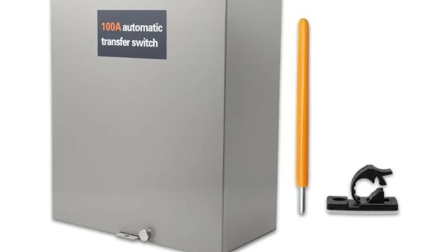 A 100A automatic transfer switch with an orange handle and a black mounting bracket.