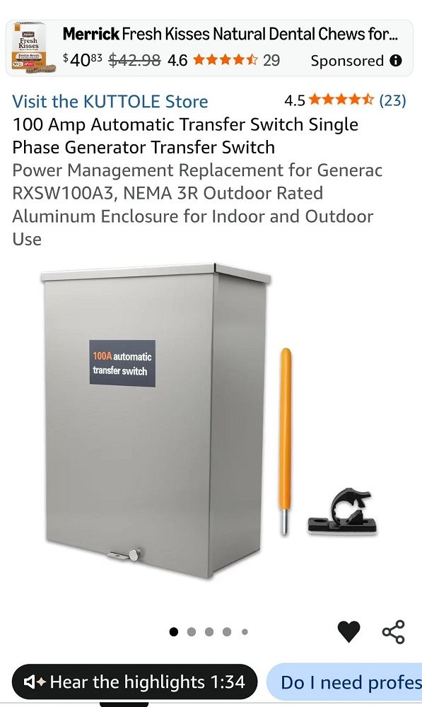 A 100A automatic transfer switch with an orange handle and a black mounting bracket.