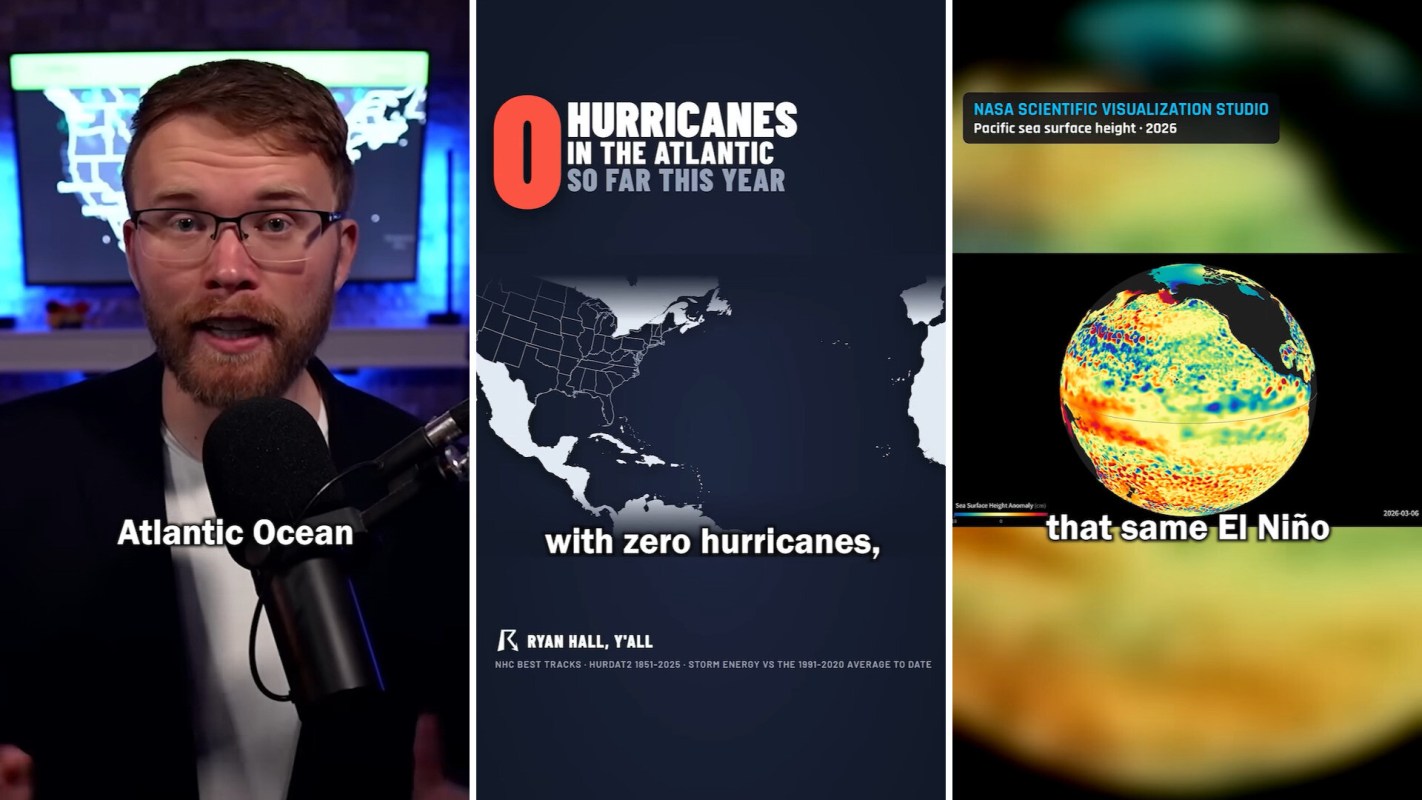 A man speaks in front of a graphic about hurricanes in the Atlantic Ocean, with data and graphical representations.