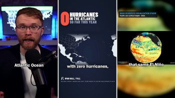 A man speaks in front of a graphic about hurricanes in the Atlantic Ocean, with data and graphical representations.
