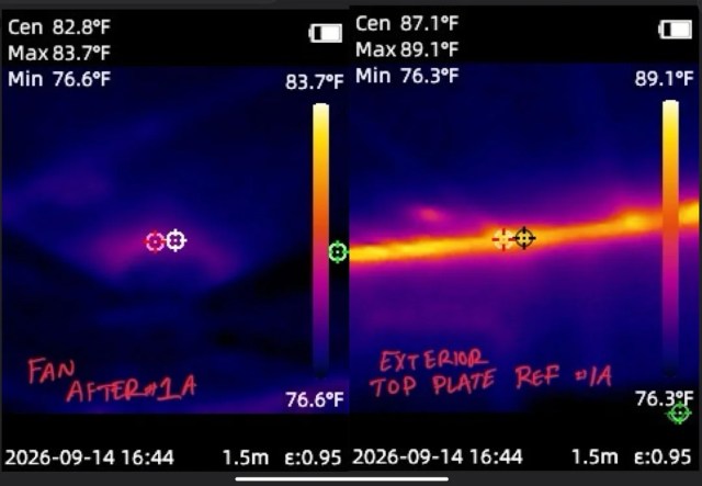 A thermal camera shot after fixes were attempted, with heat still visible.