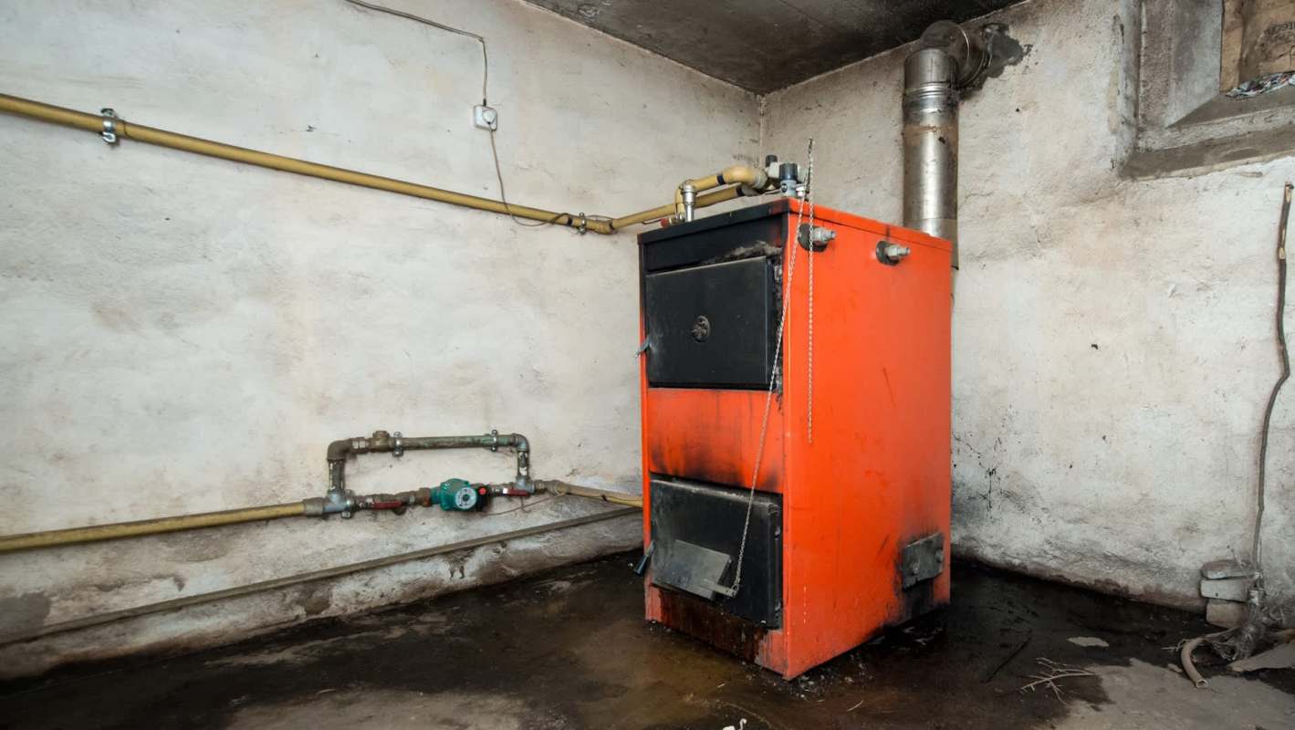 An orange heating boiler is positioned against a bare wall with visible pipes and a damp floor.