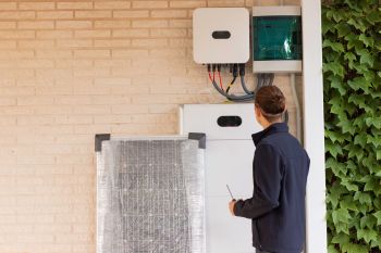 Technician installing a solar system and battery.