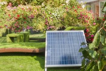 Solar panels in a backyard.