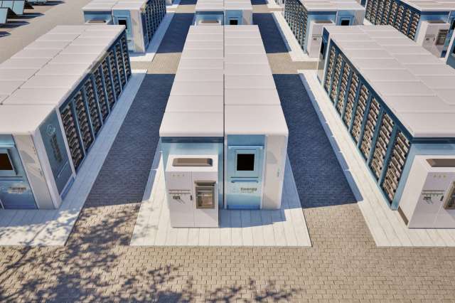 A grid of energy storage units arranged along a paved pathway.