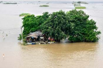 A small structure surrounded by floodwaters with trees nearby.
