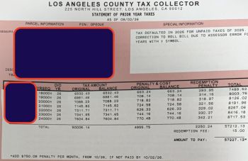 A tax statement from the Los Angeles County Tax Collector detailing prior year taxes and penalties.