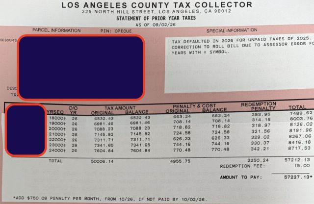 A tax statement from the Los Angeles County Tax Collector detailing prior year taxes and penalties.