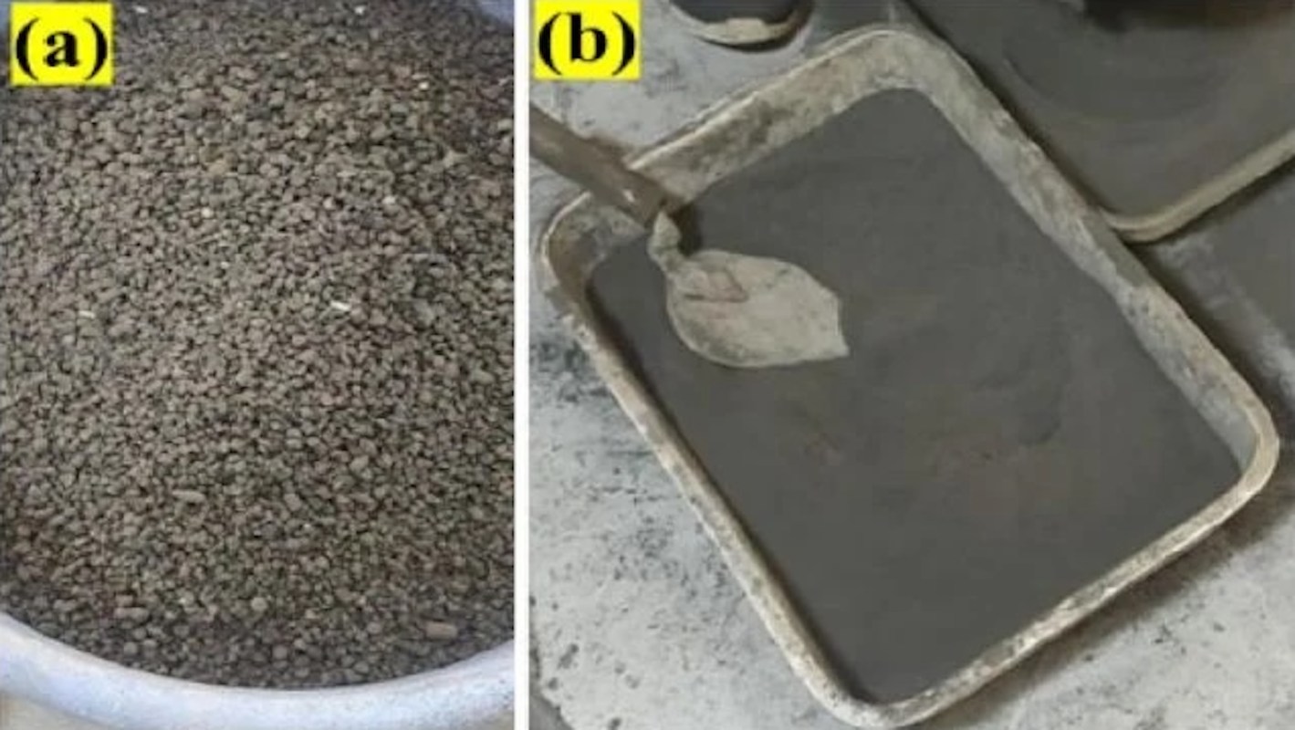A container filled with small granules and a tray with a gray, mixed material.