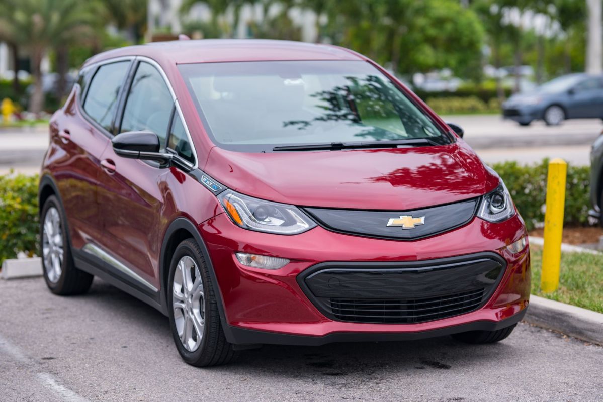 A red Chevy Bolt.