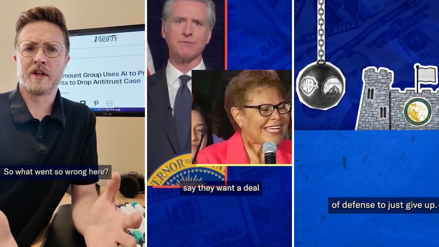 A man speaks in front of a screen displaying a news article, with politicians shown in smaller frames.