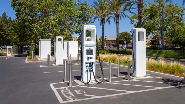 Electric vehicle charging stations in a parking lot surrounded by trees and palm trees.