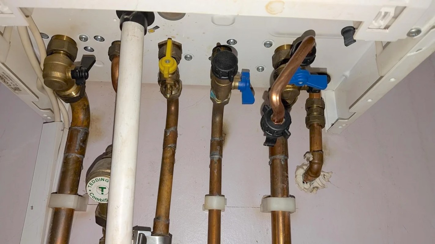 Pipes and valves connected to a water system under a sink.