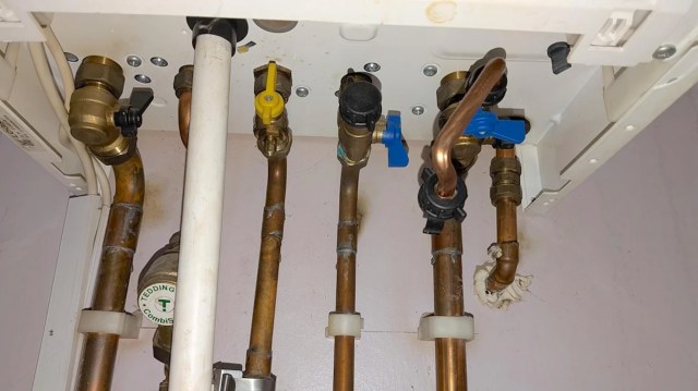 Pipes and valves connected to a water system under a sink.