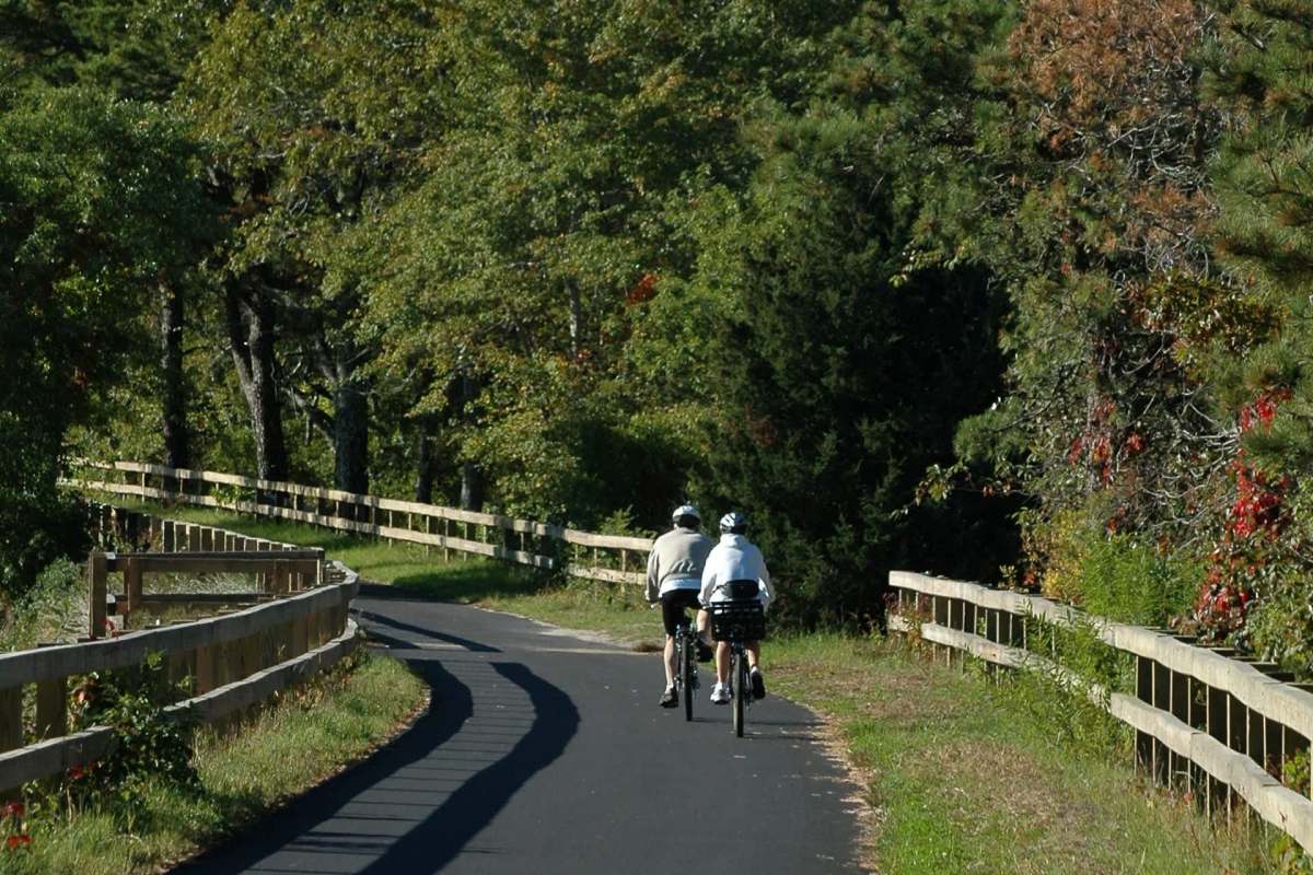 A cyclist rides down the Cape Cod rail trail among trees