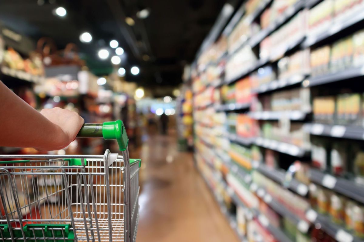 A person pushing a shopping cart in a grocery store.