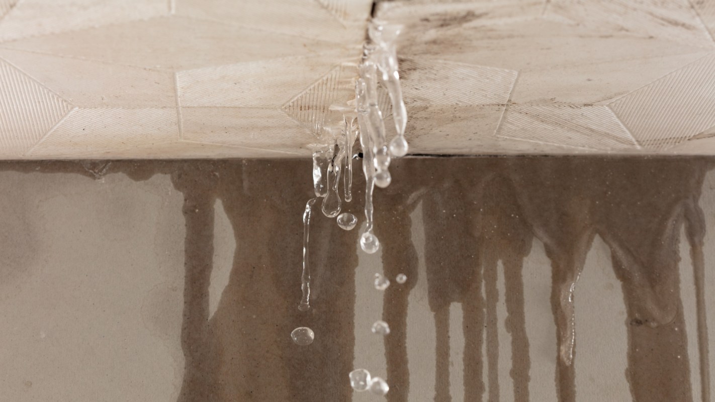 Water drips from a textured ceiling onto a stained surface below.