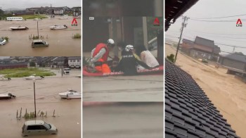 Multiple scenes showing flooding, submerged vehicles, and rescue operations in a residential area.