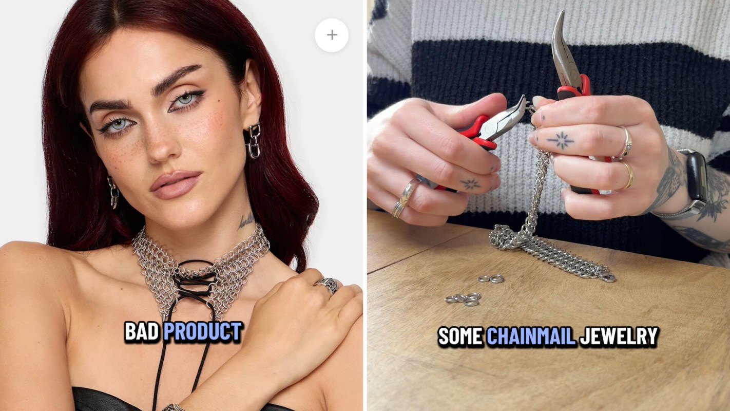 A woman wearing chainmail jewelry and a person working on chainmail pieces with pliers and metal rings.