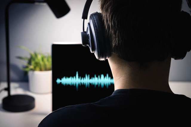 A person wearing headphones looks at a computer screen displaying audio waveforms.