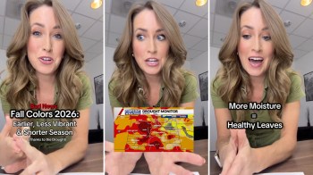 A woman discussing drought effects on fall colors with a weather map visible in the background.