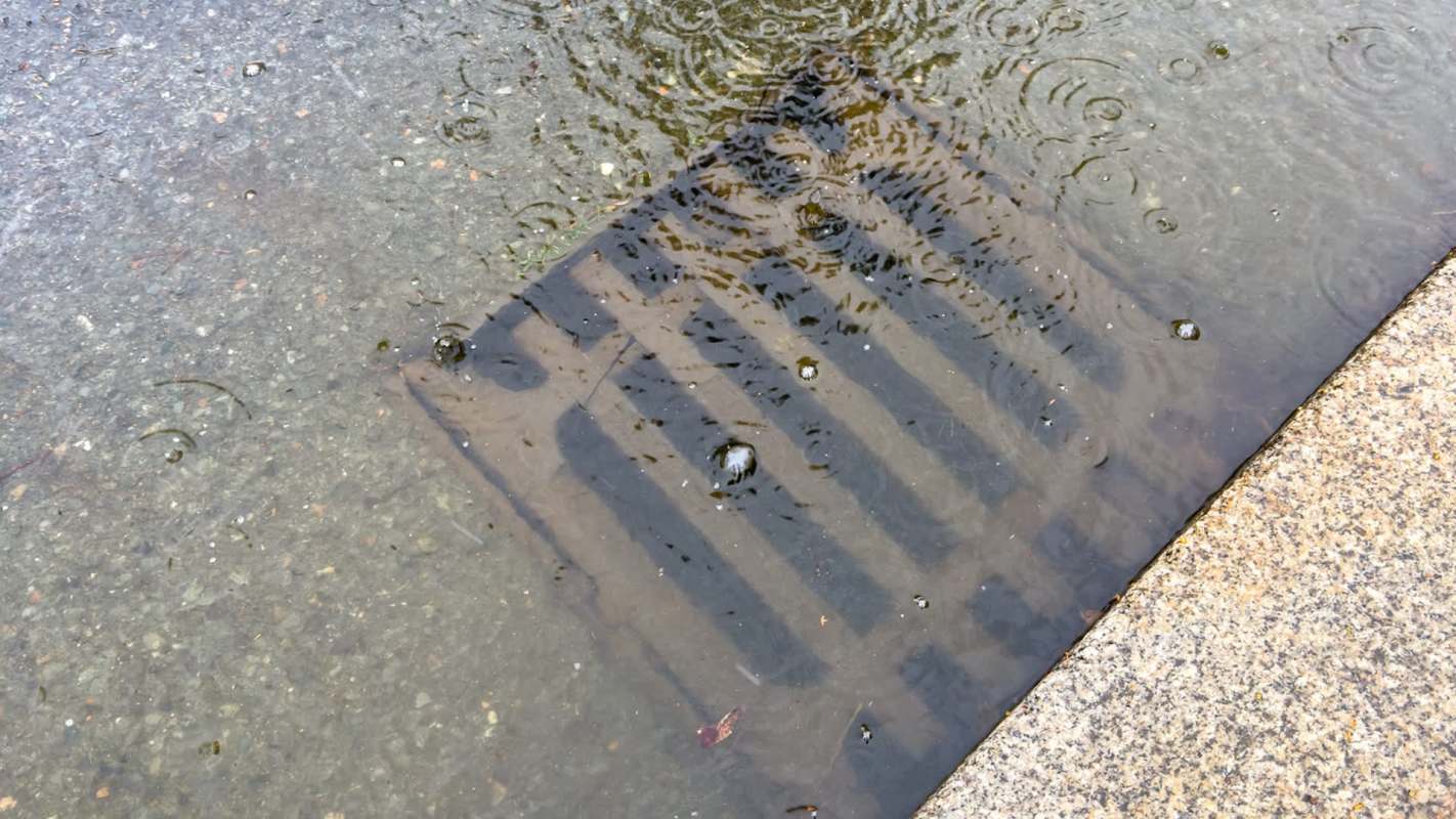 A rain-soaked street with a visible storm drain under shallow water.