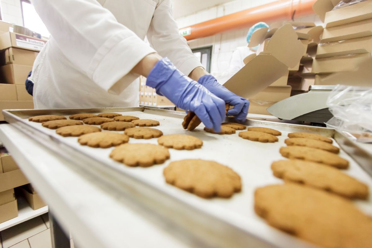 A factory worker packing cookies.