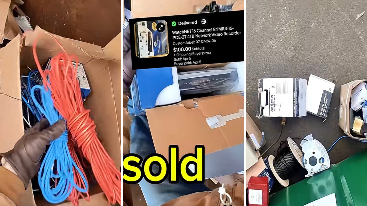 A collection of various electronic items and cables in cardboard boxes.