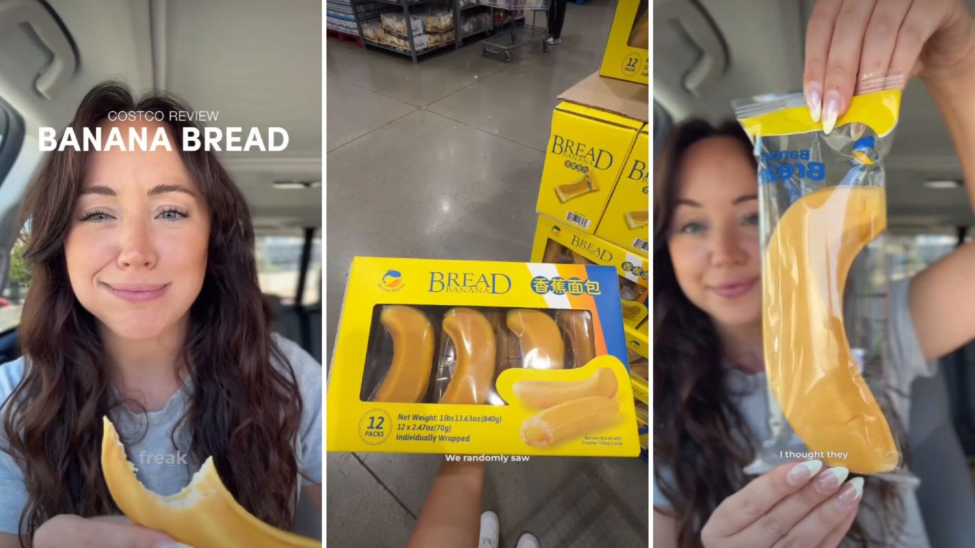 A person talking about banana-shaped banana bread.