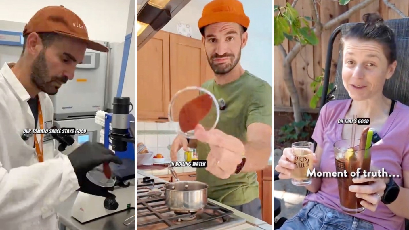 A man in a lab coat examines tomato sauce then cooks it, and a woman enjoys a drink outside.
