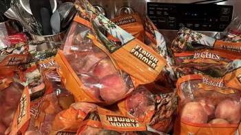Bags of peaches labeled "Flavor Farmer" piled together on a counter.
