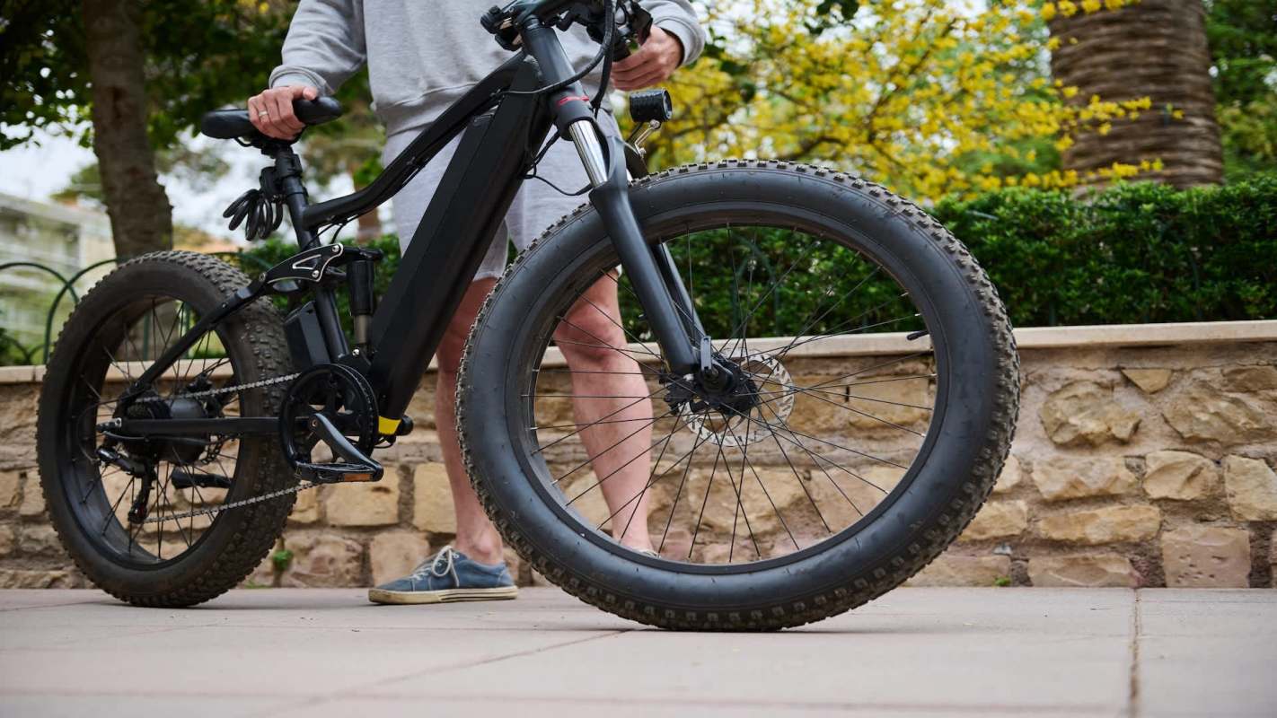 A person stands next to a black electric bike with thick tires in a landscaped outdoor setting.