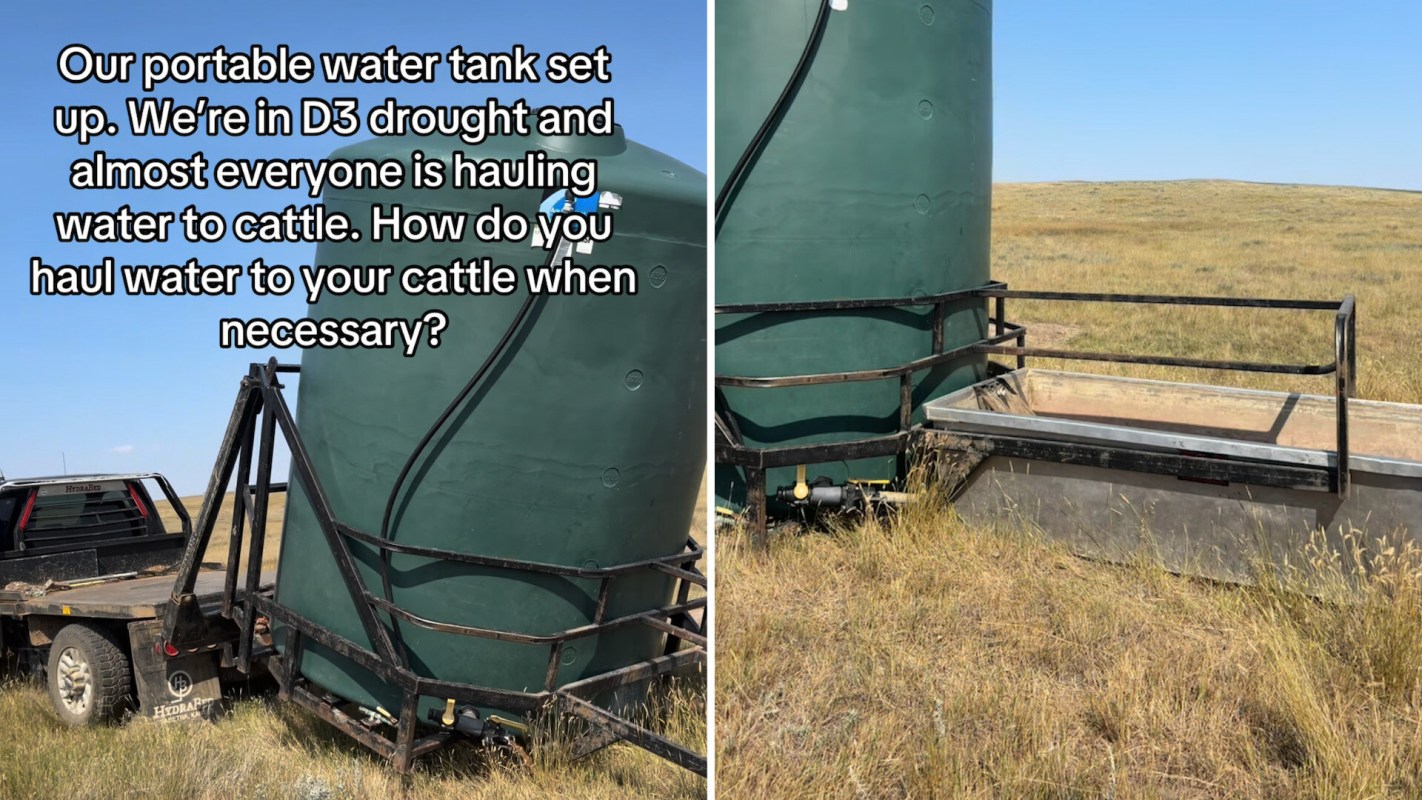 A portable water tank set up in a field for hauling water to cattle during a drought.