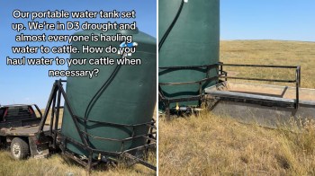 A portable water tank set up in a field for hauling water to cattle during a drought.