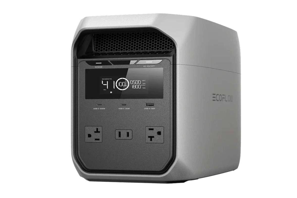A portable power station with multiple charging ports and a digital display.
