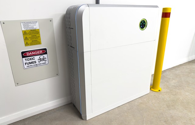 A battery storage unit next to safety information.